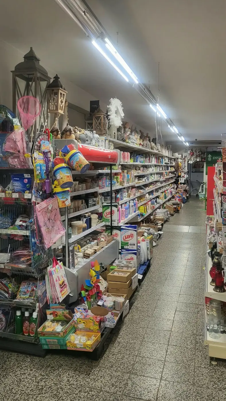 A long aisle with toiletries, cleaning products and toys