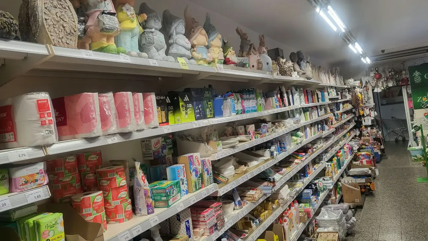 A shelf stocked with toiletries and stationery, with garden decorations on top